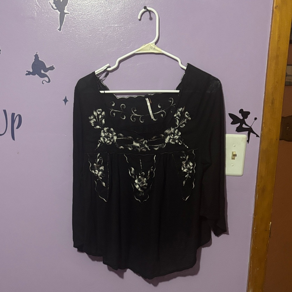 Free People Black and White Embroidered Blouse